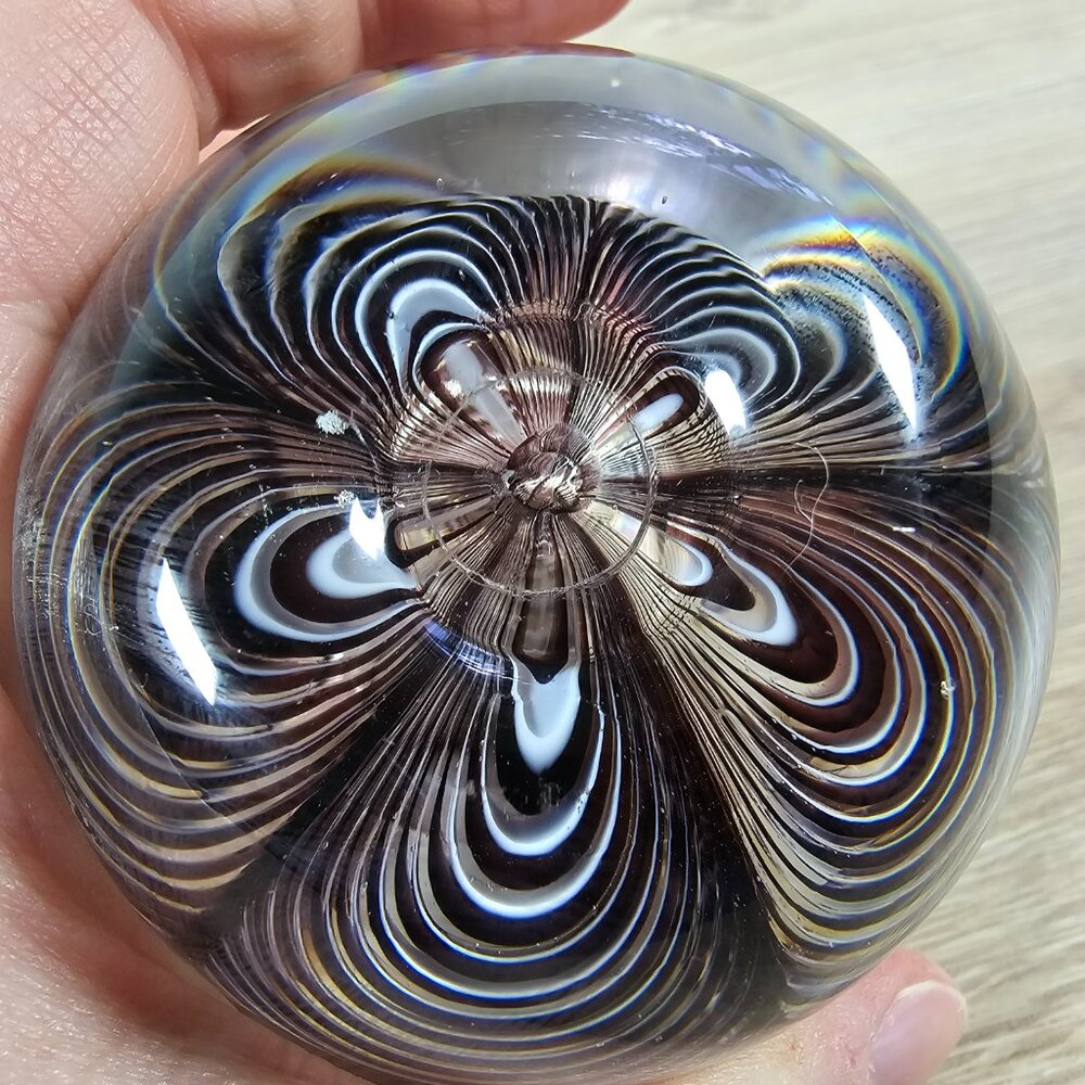 Glass Paperweight Abstract Swirls Black White Clear Round Decorative 2.5" - Picture 8 of 8